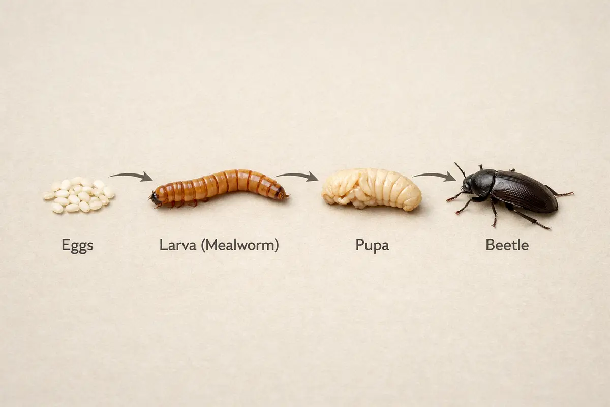 Mealworm Lifecycle Explained (Egg → Larvae → Pupae → Beetle)